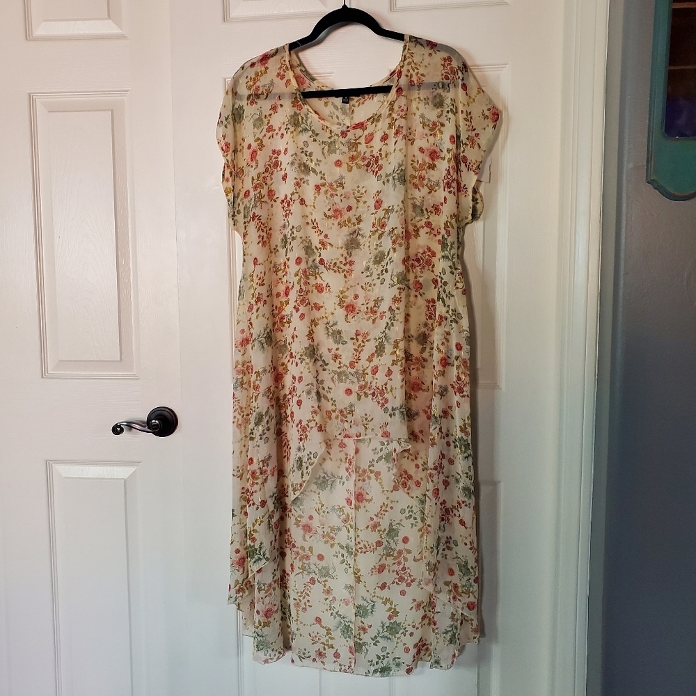 Cha Cha Vente Hi-Lo Tunic Floral Golden Shimmery Pullover Beachy Cover-Up Sz 1X
